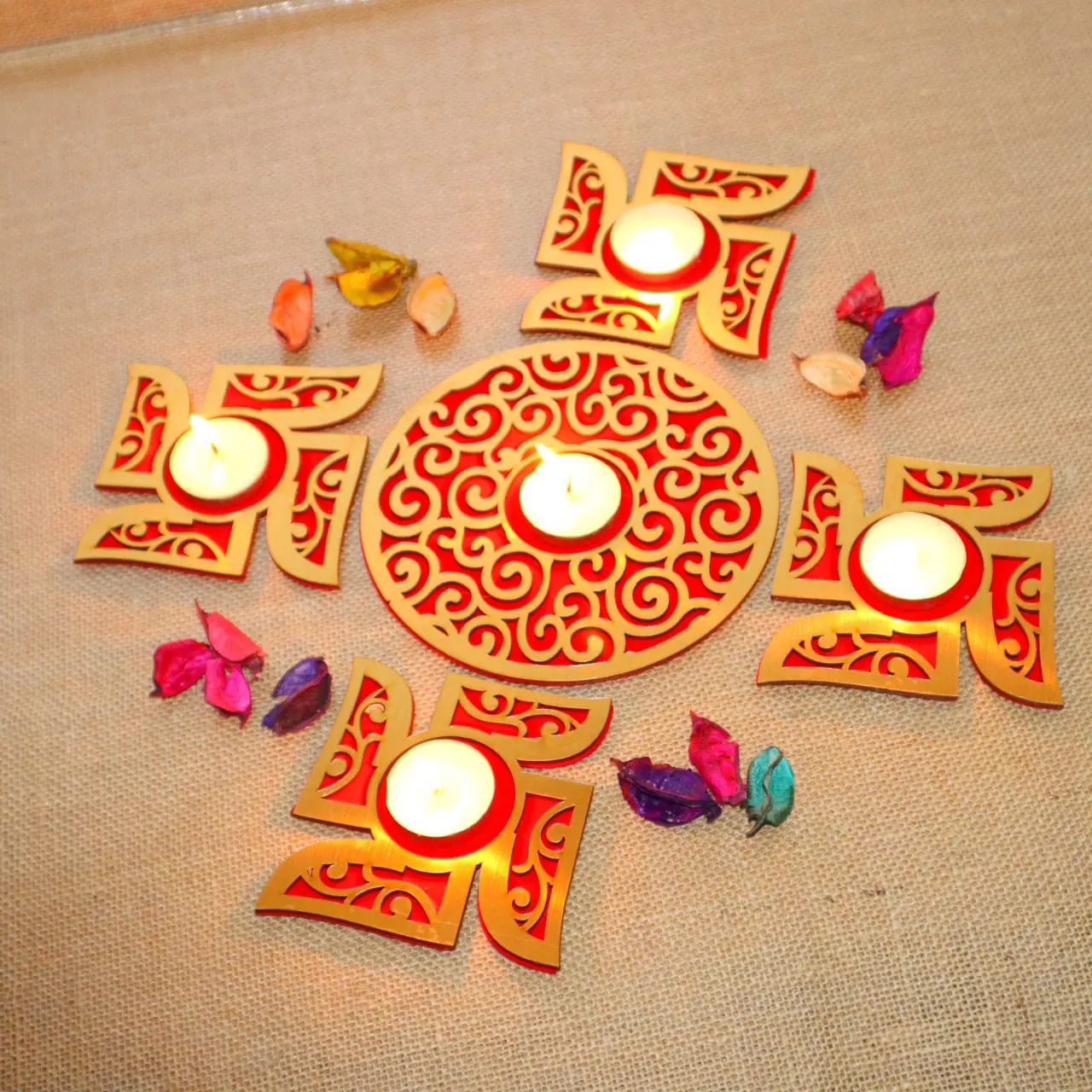 Beautiful Elegant Tealight Set With Auspicious Swastik & Elephant