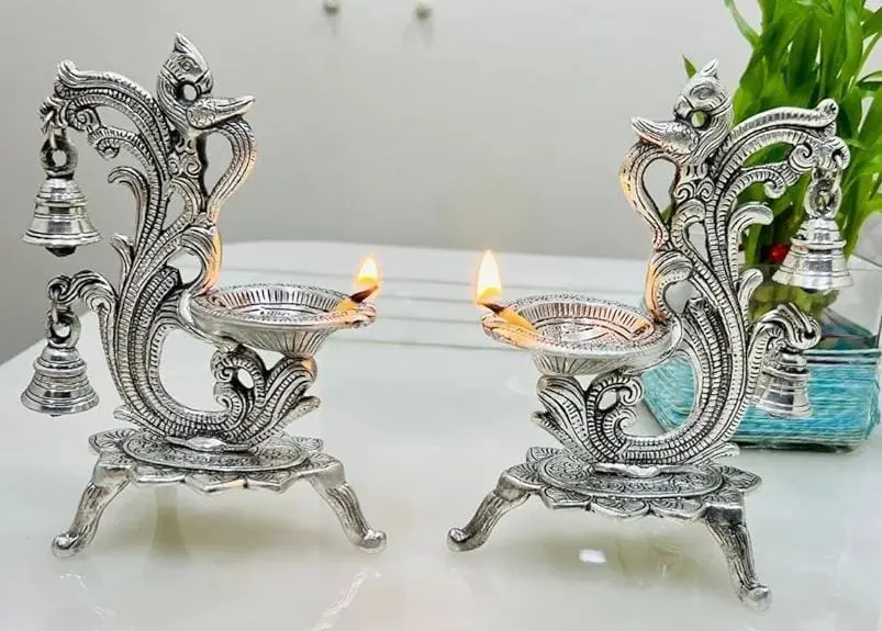 White Metal Peacock Shape Diya