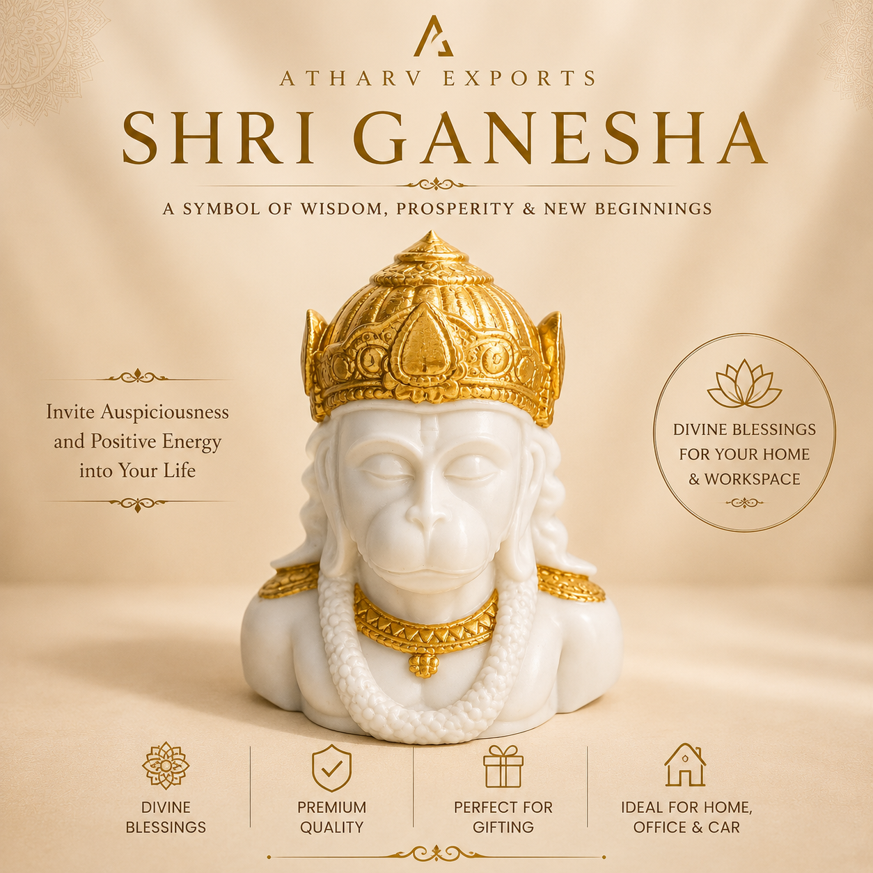 3D Printed Hanuman Ji — White Gold Bust